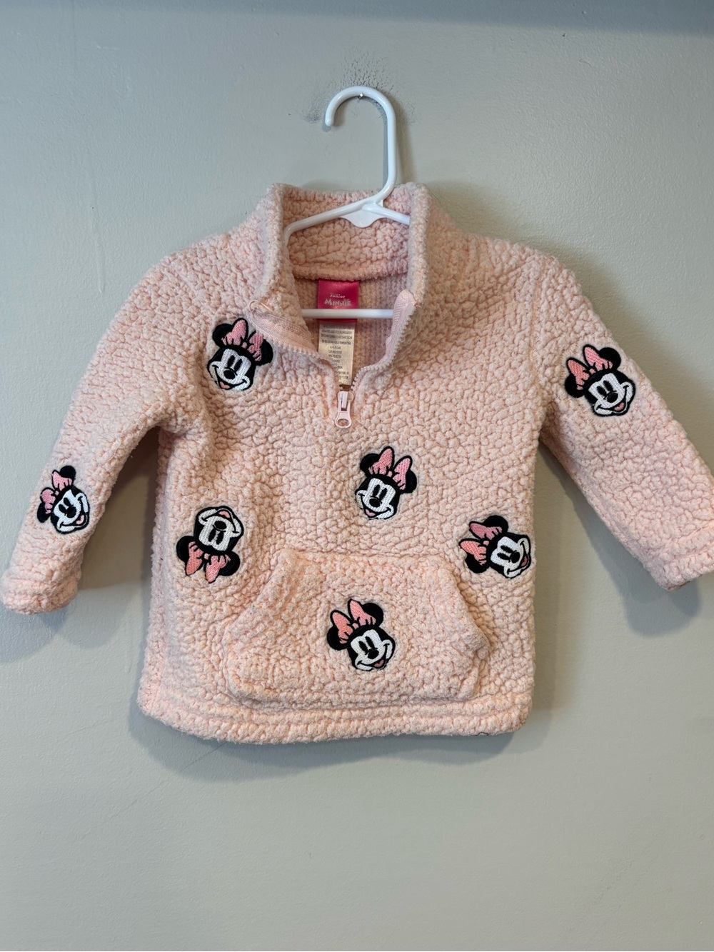 Disney Minnie Mouse Embroidered Fleece Quarter Zip Pullover Blush Pink 18M - Picture 1 of 5